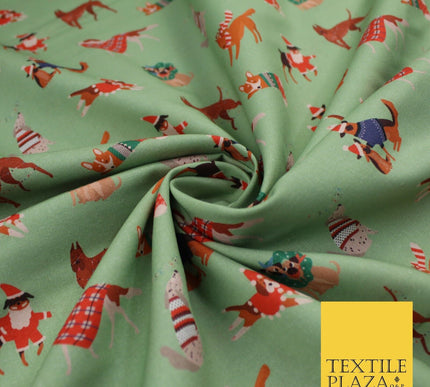 Sage Green Christmas Dogs Print 100% Cotton Printed Fabric 58" 10210