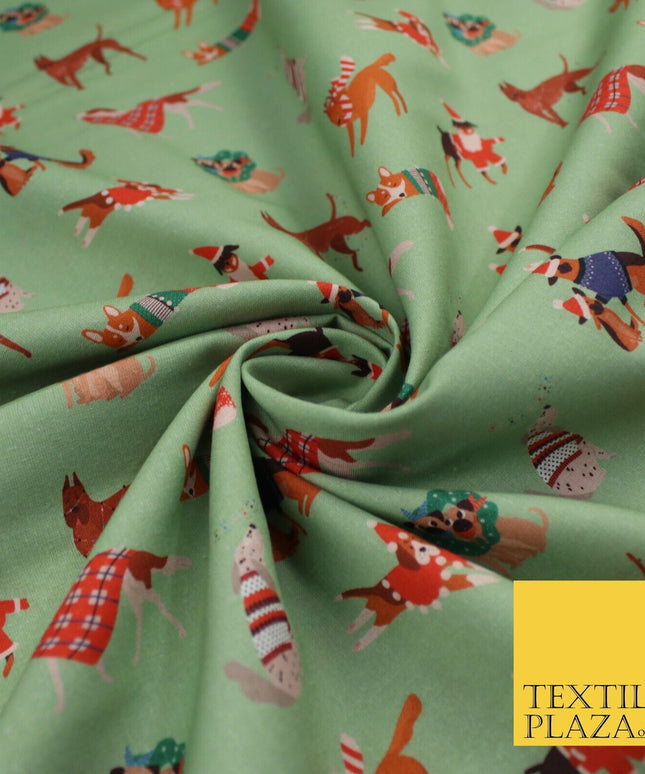 Sage Green Christmas Dogs Print 100% Cotton Printed Fabric 58" 10210