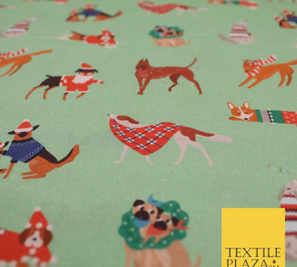 Sage Green Christmas Dogs Print 100% Cotton Printed Fabric 58" 10210