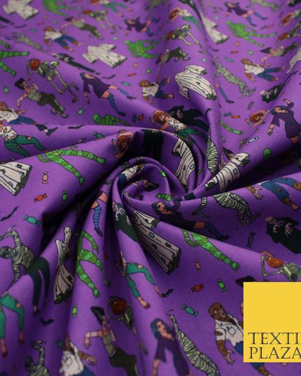 Purple Halloween Ghost Mummy Skeleton 100% Cotton Printed Fabric 58" 10208