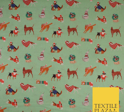 Sage Green Christmas Dogs Print 100% Cotton Printed Fabric 58" 10210
