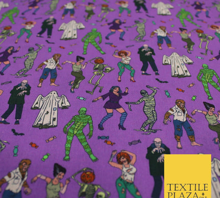 Purple Halloween Ghost Mummy Skeleton 100% Cotton Printed Fabric 58" 10208