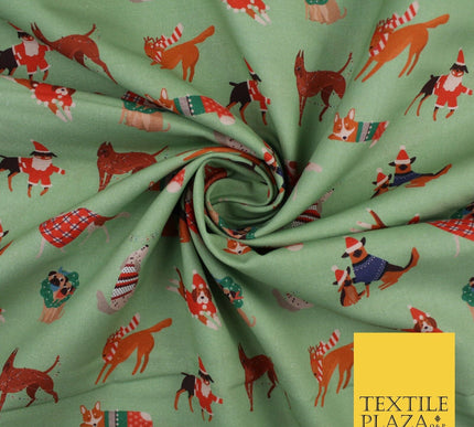 Sage Green Christmas Dogs Print 100% Cotton Printed Fabric 58" 10210