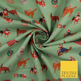 Sage Green Christmas Dogs Print 100% Cotton Printed Fabric 58" 10210