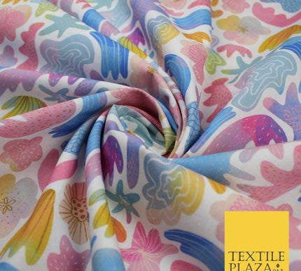 Watercolour Pastel Shells Sea Flowers 100% Pure Cotton Printed Fabric 58" 10205