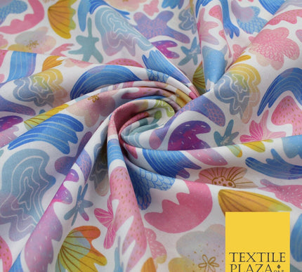 Watercolour Pastel Shells Sea Flowers 100% Pure Cotton Printed Fabric 58" 10205