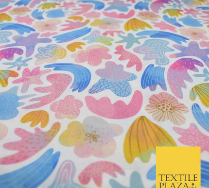 Watercolour Pastel Shells Sea Flowers 100% Pure Cotton Printed Fabric 58" 10205