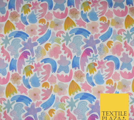 Watercolour Pastel Shells Sea Flowers 100% Pure Cotton Printed Fabric 58" 10205