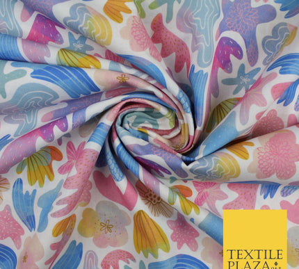 Watercolour Pastel Shells Sea Flowers 100% Pure Cotton Printed Fabric 58" 10205