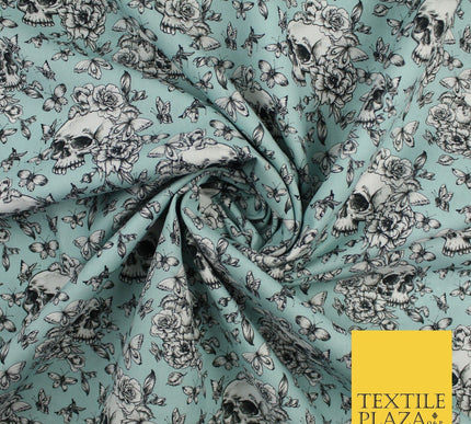 Blue Vintage Floral Skull Halloween 100% Pure Cotton Printed Fabric 58" 10203