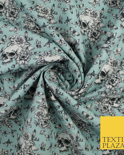 Blue Vintage Floral Skull Halloween 100% Pure Cotton Printed Fabric 58" 10203