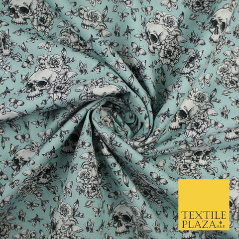 Blue Vintage Floral Skull Halloween 100% Pure Cotton Printed Fabric 58" 10203