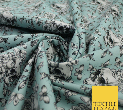 Blue Vintage Floral Skull Halloween 100% Pure Cotton Printed Fabric 58" 10203