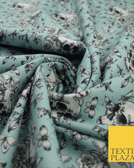 Blue Vintage Floral Skull Halloween 100% Pure Cotton Printed Fabric 58" 10203