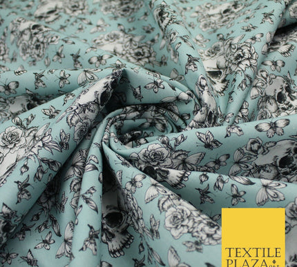 Blue Vintage Floral Skull Halloween 100% Pure Cotton Printed Fabric 58" 10203