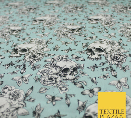 Blue Vintage Floral Skull Halloween 100% Pure Cotton Printed Fabric 58" 10203