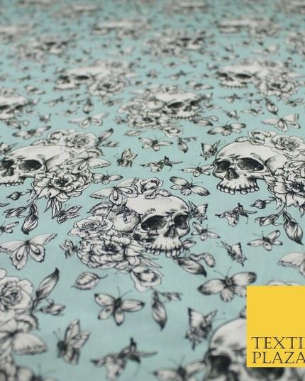 Blue Vintage Floral Skull Halloween 100% Pure Cotton Printed Fabric 58" 10203