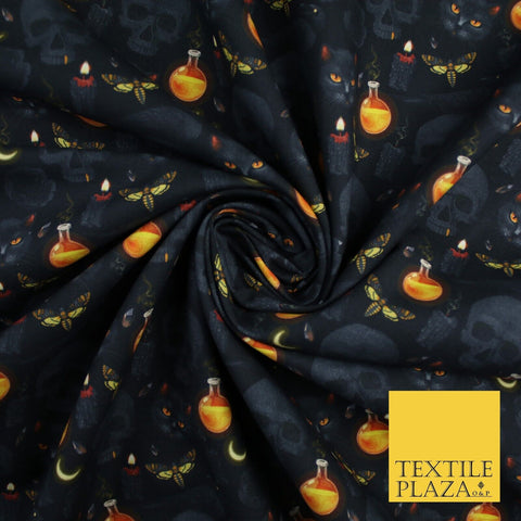 Halloween Skulls Cats Potions 100% Pure Cotton Printed Fabric 58" 10200