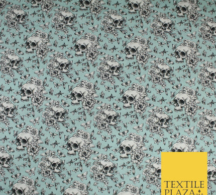 Blue Vintage Floral Skull Halloween 100% Pure Cotton Printed Fabric 58" 10203