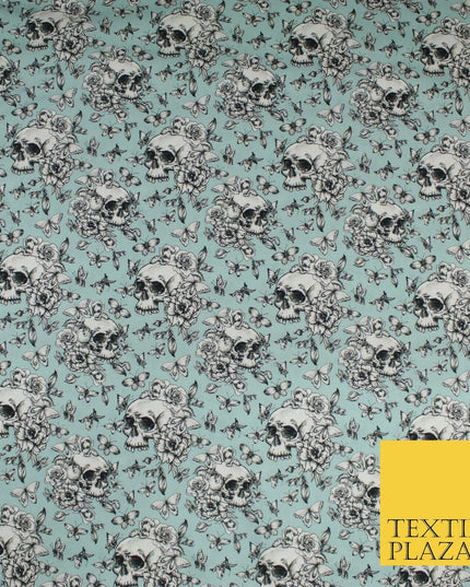 Blue Vintage Floral Skull Halloween 100% Pure Cotton Printed Fabric 58" 10203