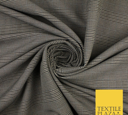 Beige with Black Tartan Check Dogtooth Scottish Plaid Polyviscose Fabric 10189