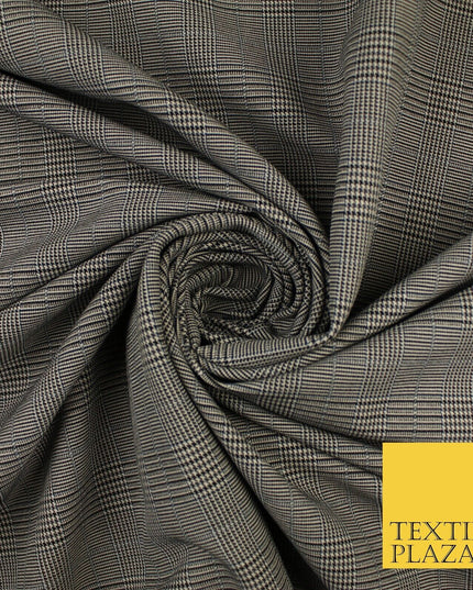 Beige with Black Tartan Check Dogtooth Scottish Plaid Polyviscose Fabric 10189