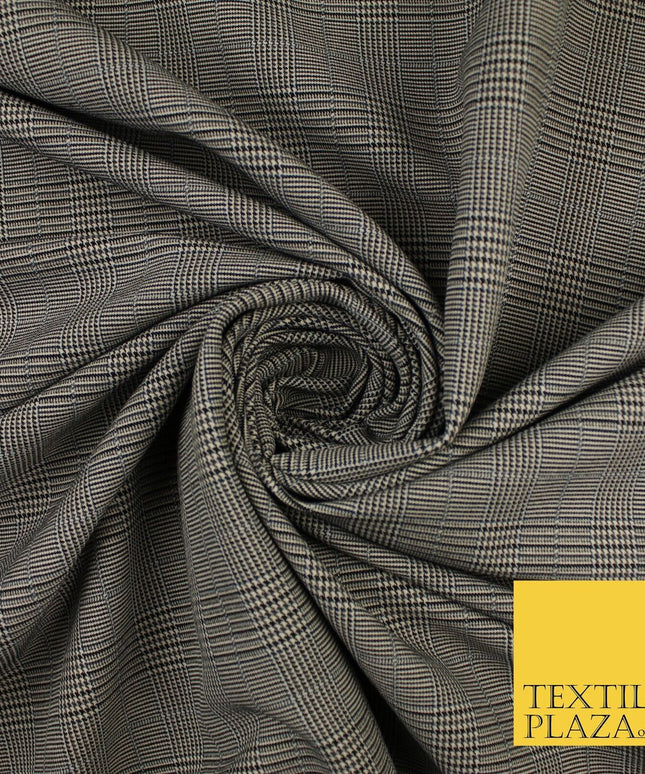 Beige with Black Tartan Check Dogtooth Scottish Plaid Polyviscose Fabric 10189