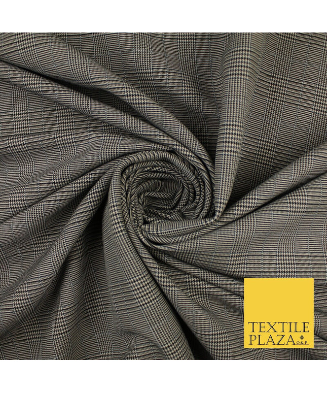 Beige with Black Tartan Check Dogtooth Scottish Plaid Polyviscose Fabric 10189