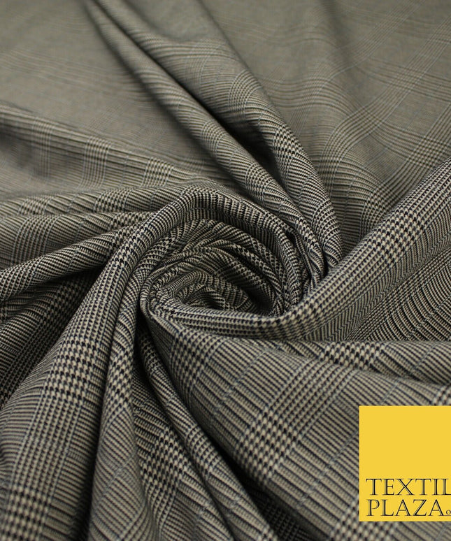 Beige with Black Tartan Check Dogtooth Scottish Plaid Polyviscose Fabric 10189