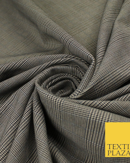 Beige with Black Tartan Check Dogtooth Scottish Plaid Polyviscose Fabric 10189