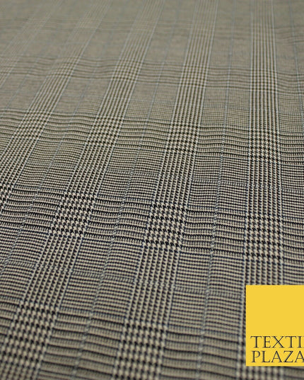 Beige with Black Tartan Check Dogtooth Scottish Plaid Polyviscose Fabric 10189