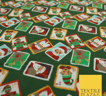 Green Festive Christmas Santa Stamps Digital Print 100% Cotton Fabric 58" 10133