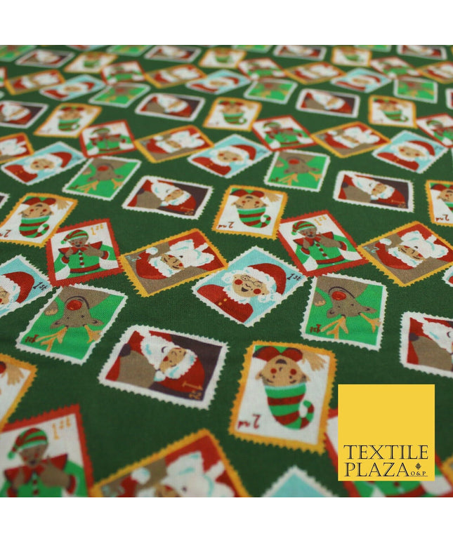 Green Festive Christmas Santa Stamps Digital Print 100% Cotton Fabric 58" 10133