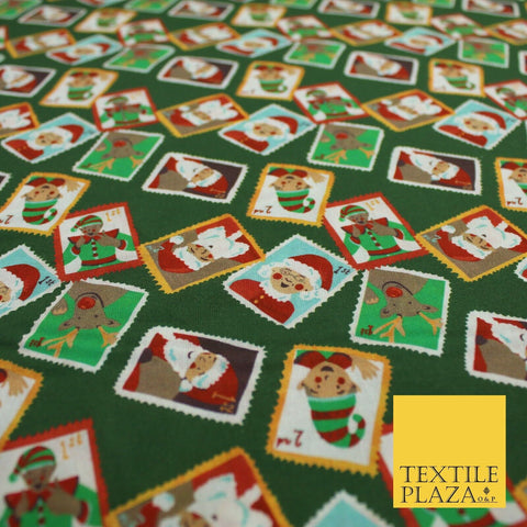 Green Festive Christmas Santa Stamps Digital Print 100% Cotton Fabric 58" 10133