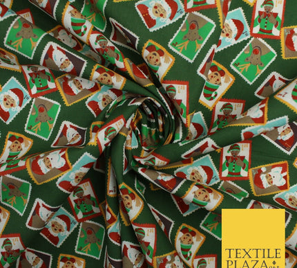 Green Festive Christmas Santa Stamps Digital Print 100% Cotton Fabric 58" 10133