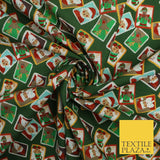 Green Festive Christmas Santa Stamps Digital Print 100% Cotton Fabric 58" 10133