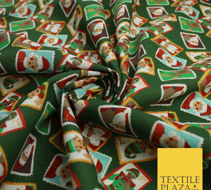 Green Festive Christmas Santa Stamps Digital Print 100% Cotton Fabric 58" 10133