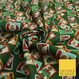 Green Festive Christmas Santa Stamps Digital Print 100% Cotton Fabric 58" 10133