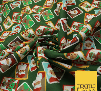 Green Festive Christmas Santa Stamps Digital Print 100% Cotton Fabric 58" 10133