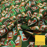 Green Festive Christmas Santa Stamps Digital Print 100% Cotton Fabric 58" 10133