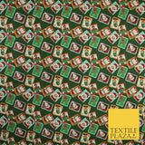 Green Festive Christmas Santa Stamps Digital Print 100% Cotton Fabric 58" 10133