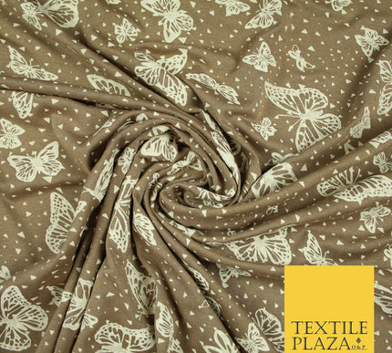 Dark Beige with Off White Butterfly Print Soft Stretch Jersey Fabric 56" 6671