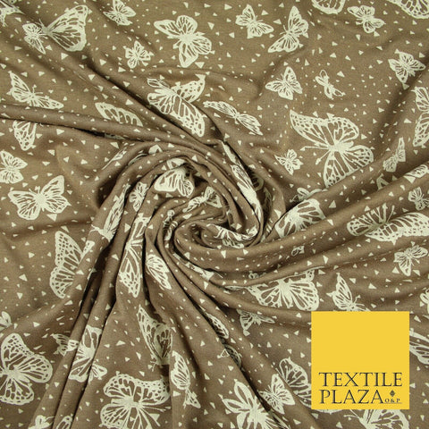 Dark Beige with Off White Butterfly Print Soft Stretch Jersey Fabric 56" 6671