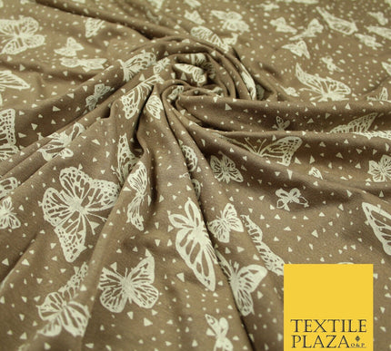 Dark Beige with Off White Butterfly Print Soft Stretch Jersey Fabric 56" 6671