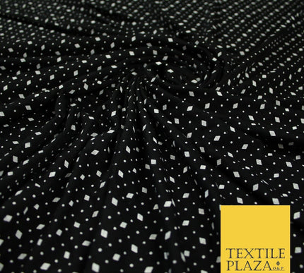 Black with White Mini Diamond & Dot Print Soft Stretch Jersey Fabric 56" 6669
