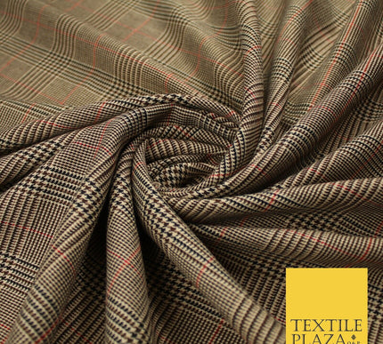 Beige with Black & Red Tartan Check Dogtooth Scottish Polyviscose Fabric 10188