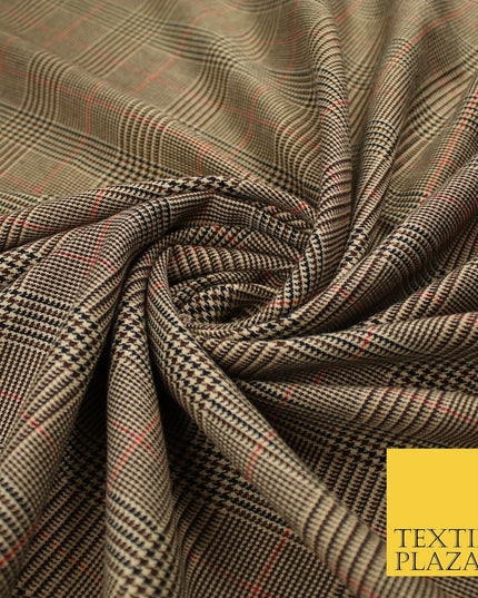 Beige with Black & Red Tartan Check Dogtooth Scottish Polyviscose Fabric 10188