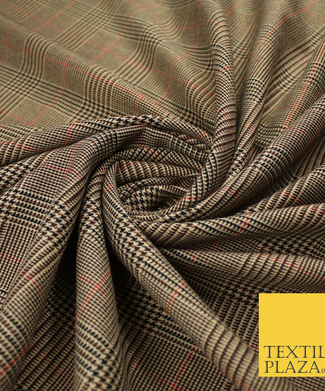 Beige with Black & Red Tartan Check Dogtooth Scottish Polyviscose Fabric 10188