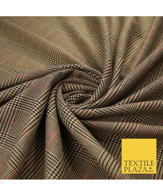 Beige with Black & Red Tartan Check Dogtooth Scottish Polyviscose Fabric 10188