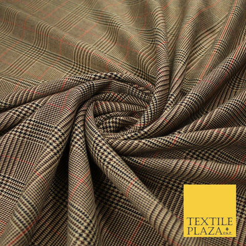 Beige with Black & Red Tartan Check Dogtooth Scottish Polyviscose Fabric 10188